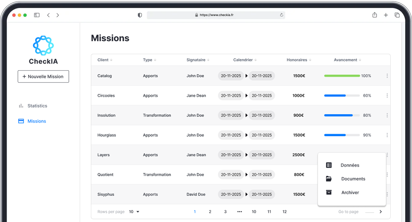 Liste des missions dans CheckIA : client, type, signataire, calendrier, honoraires et avancement.